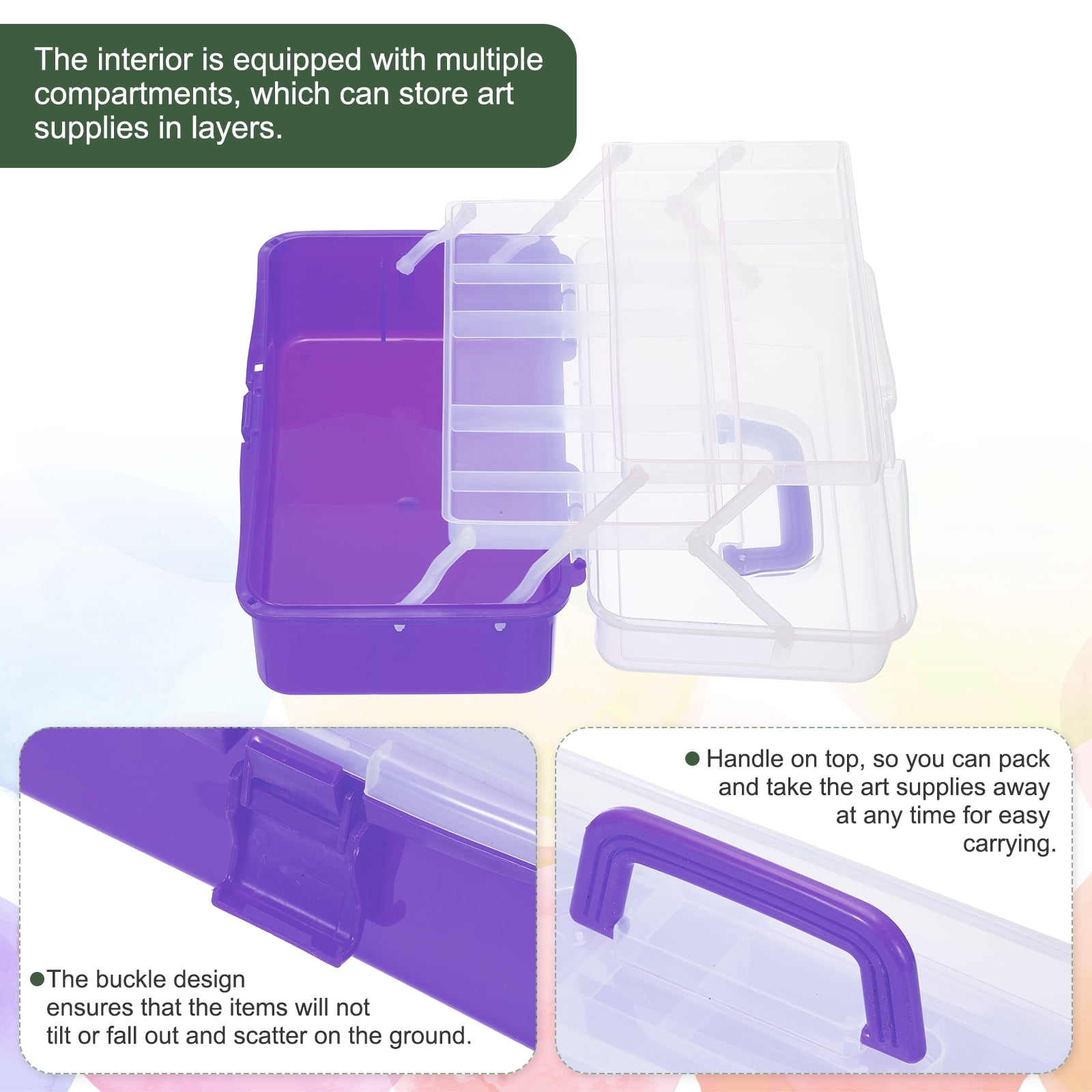 Uxcell Art Supply Storage Organizer, 3-Tray Craft Tool Box Art Supplies Organizer with Handle Buckle for Brushes Paints Stamps, Trans Purple
