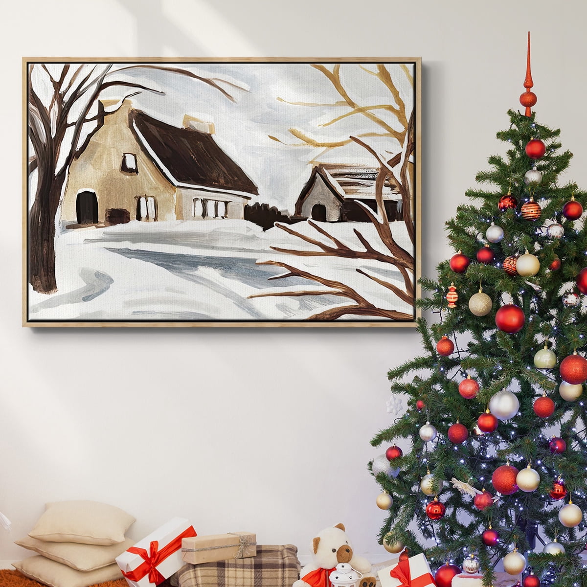 Winter Cottage II - Framed Gallery Wrapped Holiday Canvas - 17 x 25 - Natural Wood Frame