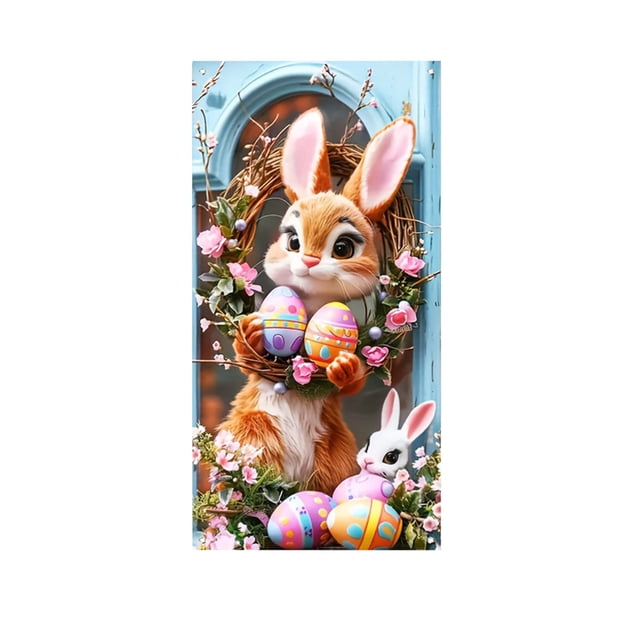 C Door Curtain Easter Egg Rabbits Print Festival Decor 35X71 Inch Lightweight Polyester Cover Wall Hanging Home Party Decoration