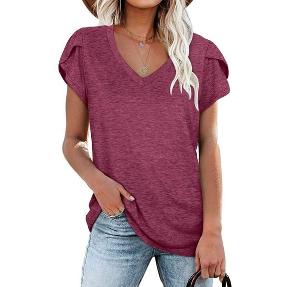 EseeAier Womens Tops V Neck Summer Petal Sleeve Casual Tshirts