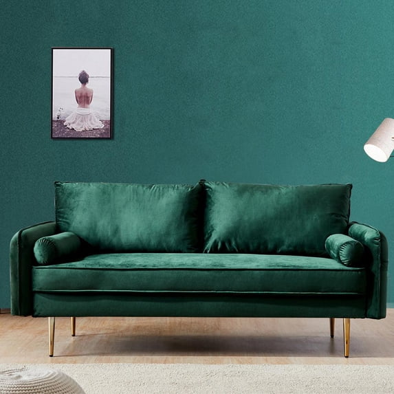 Velvet Fabric Couch, 2 Small Pillows, Modern Loveseat Sofa Twin Size Contemporary Sofas for Living Room & Bedroom (71"Green)
