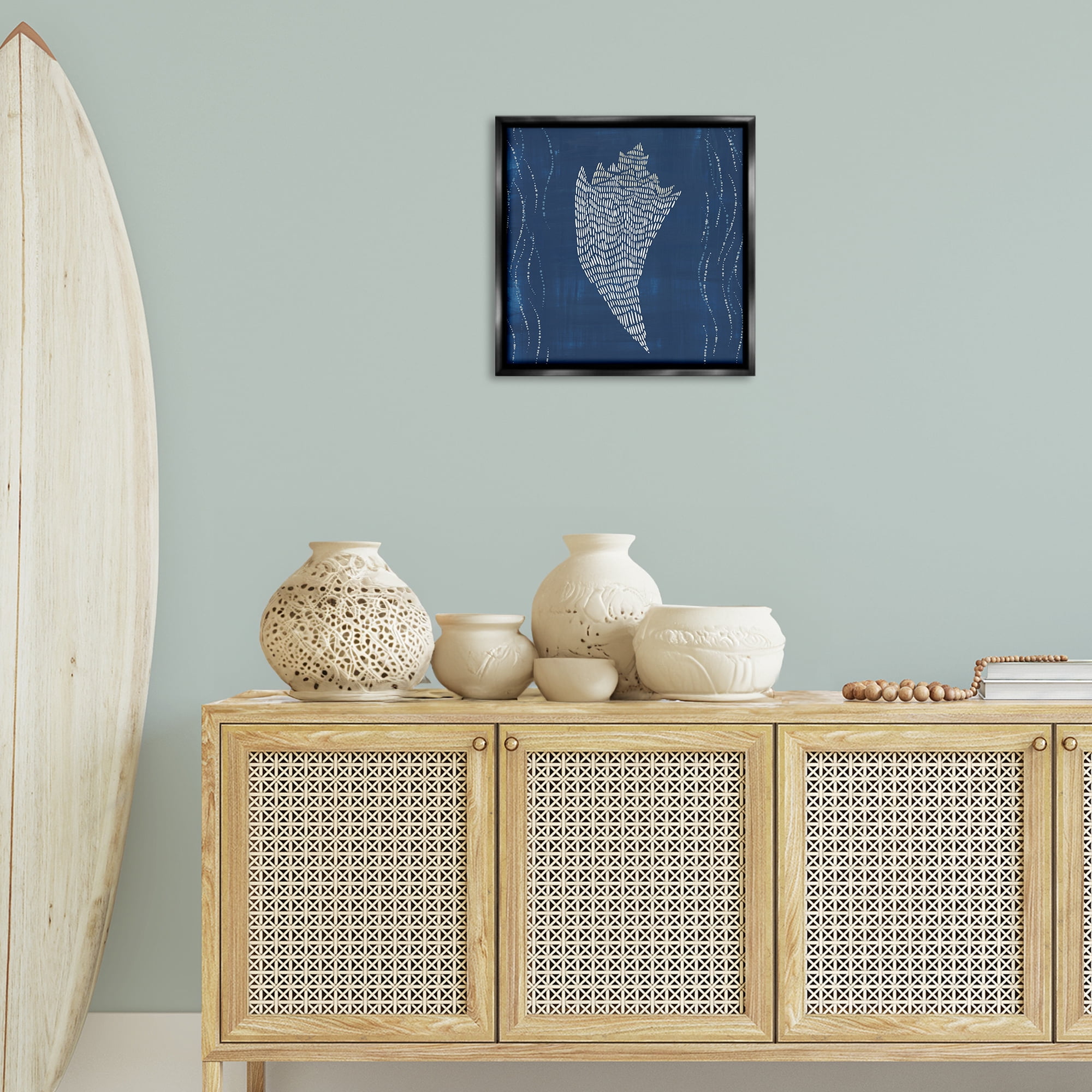 Stupell Industries Conch Shell on Blue Coastal Painting Black Floater Framed Canvas Art Print Wall Art, 18 x 18