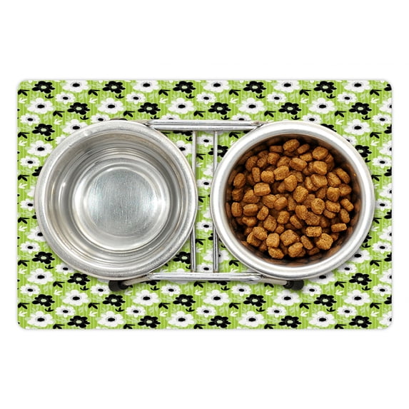 Spring Pet Mat for Food and Water, Striped Backdrop with Birds Silhouettes and Blossoming Flowers, Non-Slip Rubber Mat for Dogs and Cats, 18" X 12", by Ambesonne