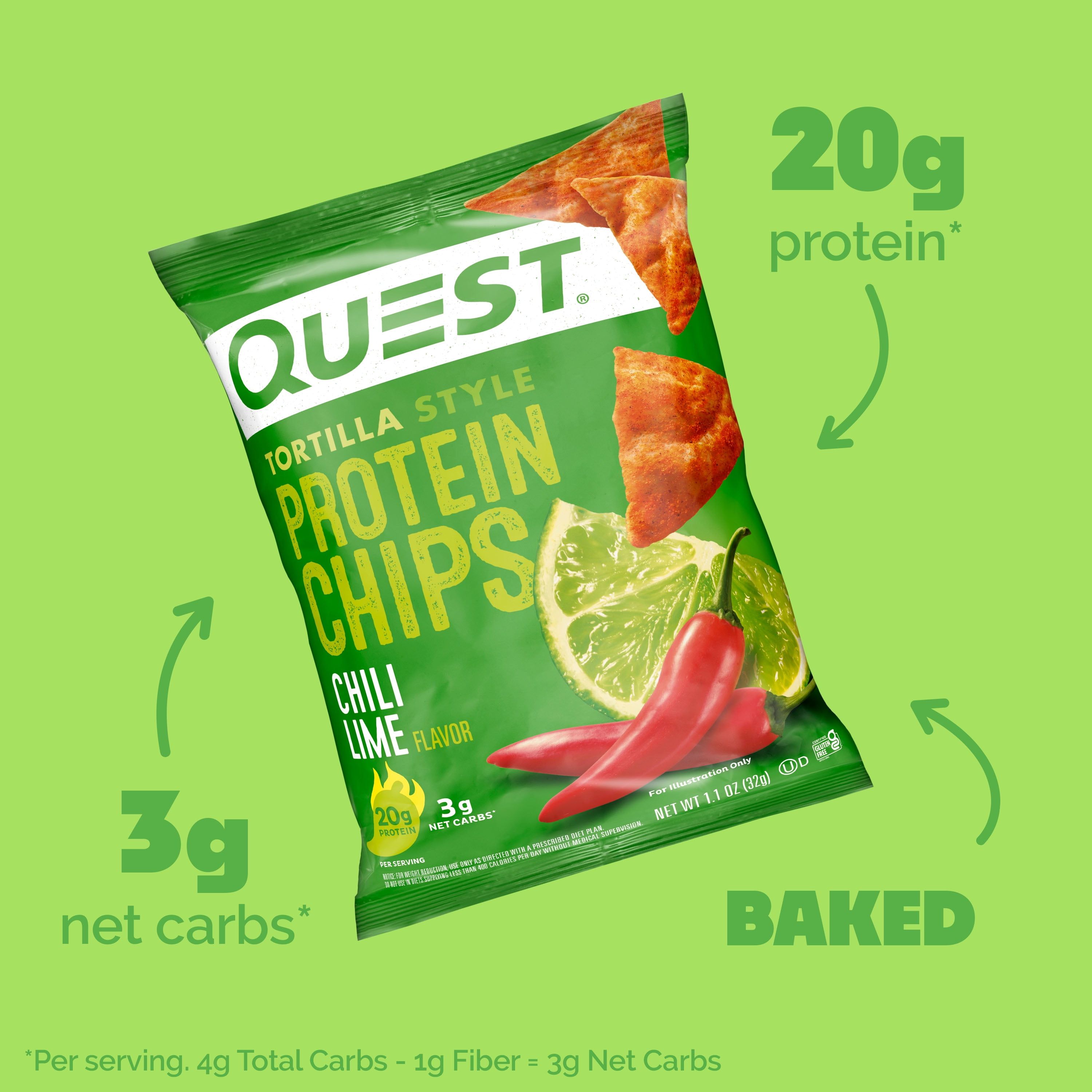 Quest Tortilla Style Protein Chips, Chili Lime Flavored, Baked, 1.1oz Bags, 12 Count