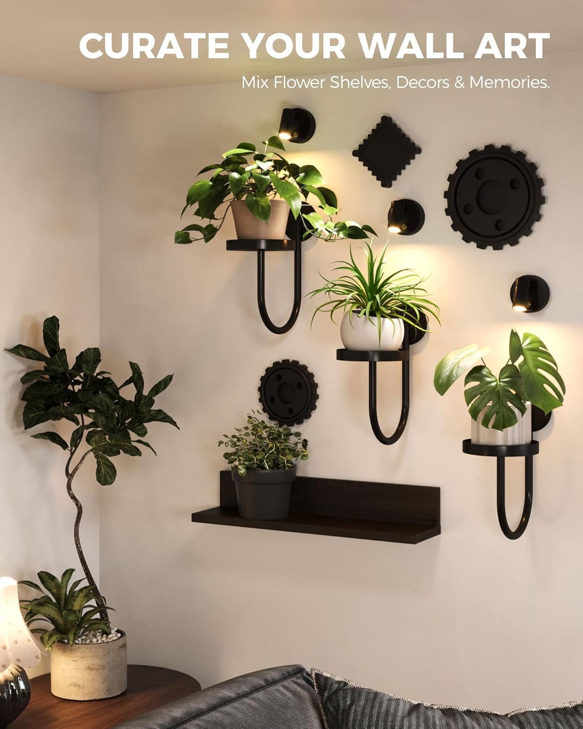Wall Decor Plant Stand with Lights Wall Art Planters Window Plant Hanger Indoor Hanging Planters for Indoor Plants for Living Room Black