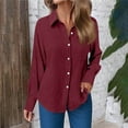 thumbnail image 2 of ShomPort Womens Button Up Tshirts Cotton Long Sleeve Pleated Pocket Shirts Solid Color Lapel Classic Casual Blouses, 2 of 6