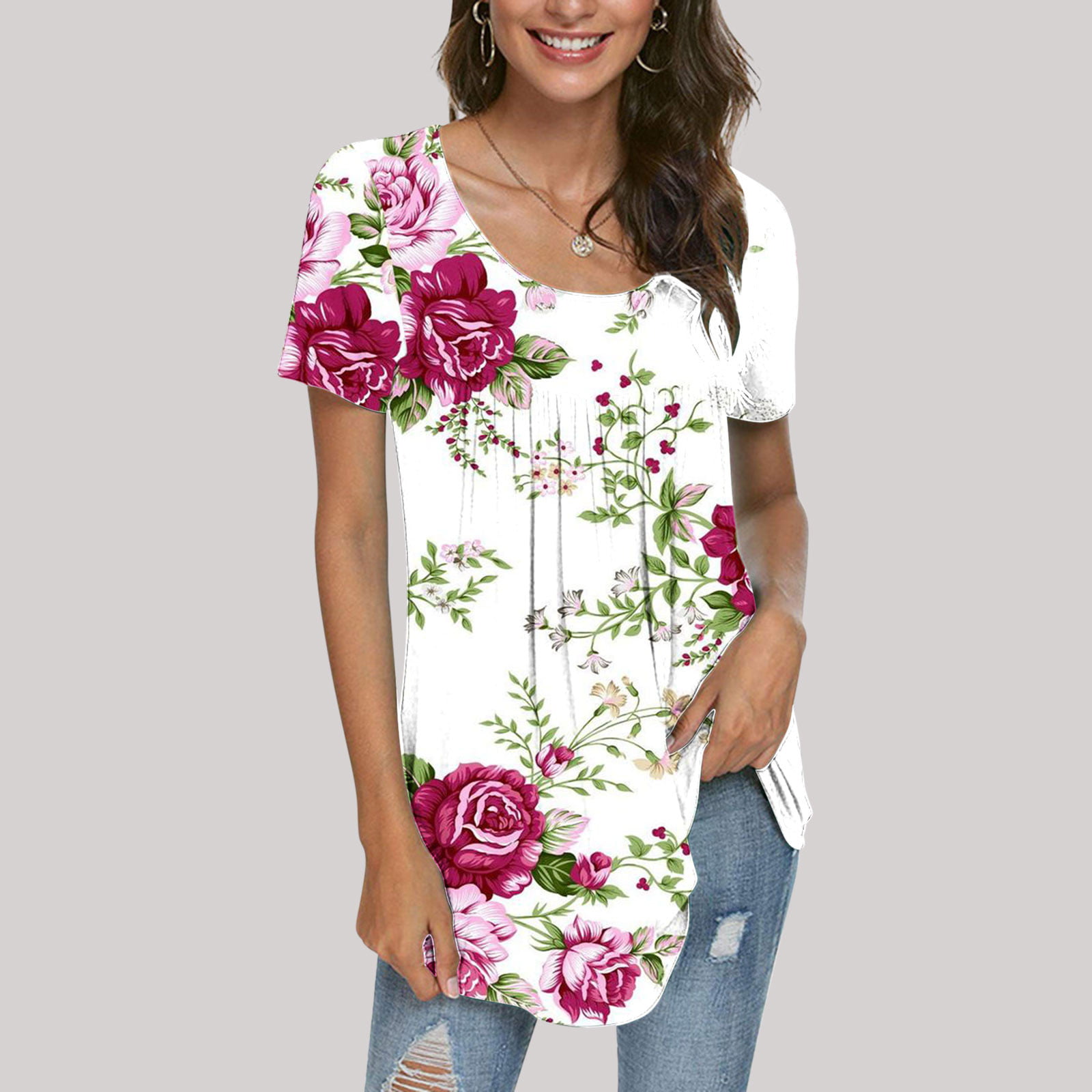 Uorcsa Women's Floral Printed Short Sleeve T Shirts