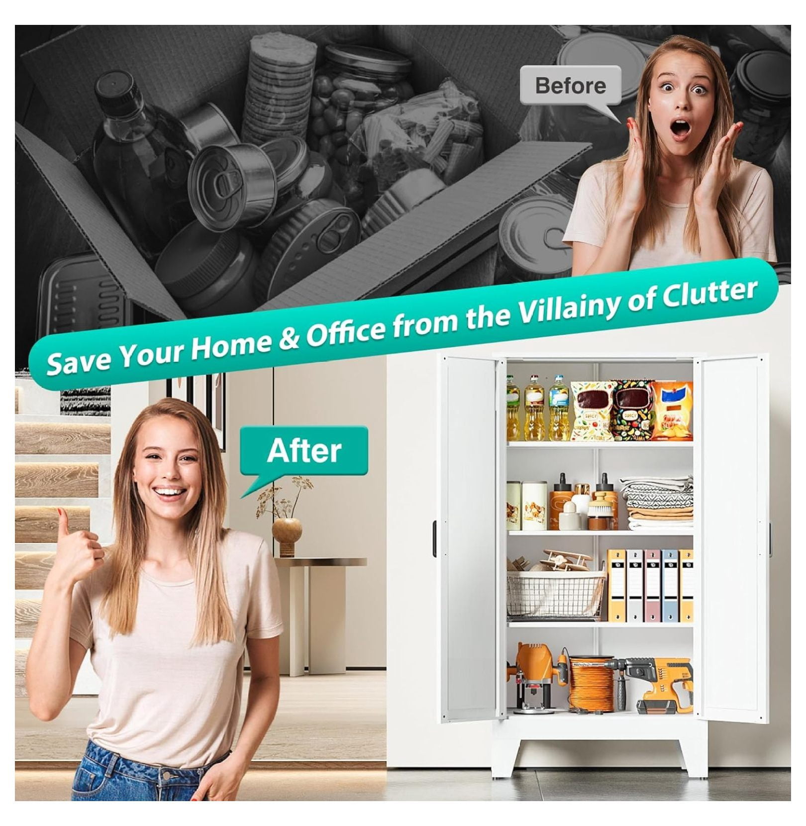 Metal Storage Cabinet with 2 Doors and 3 Shelves,White Pantry Storage Cabinet with Legs,Farmhouse Pantry Cabinets Cupboard,Bathroom Cabinets for Home,Kitchen,Dining/Living Room (47.3" H)