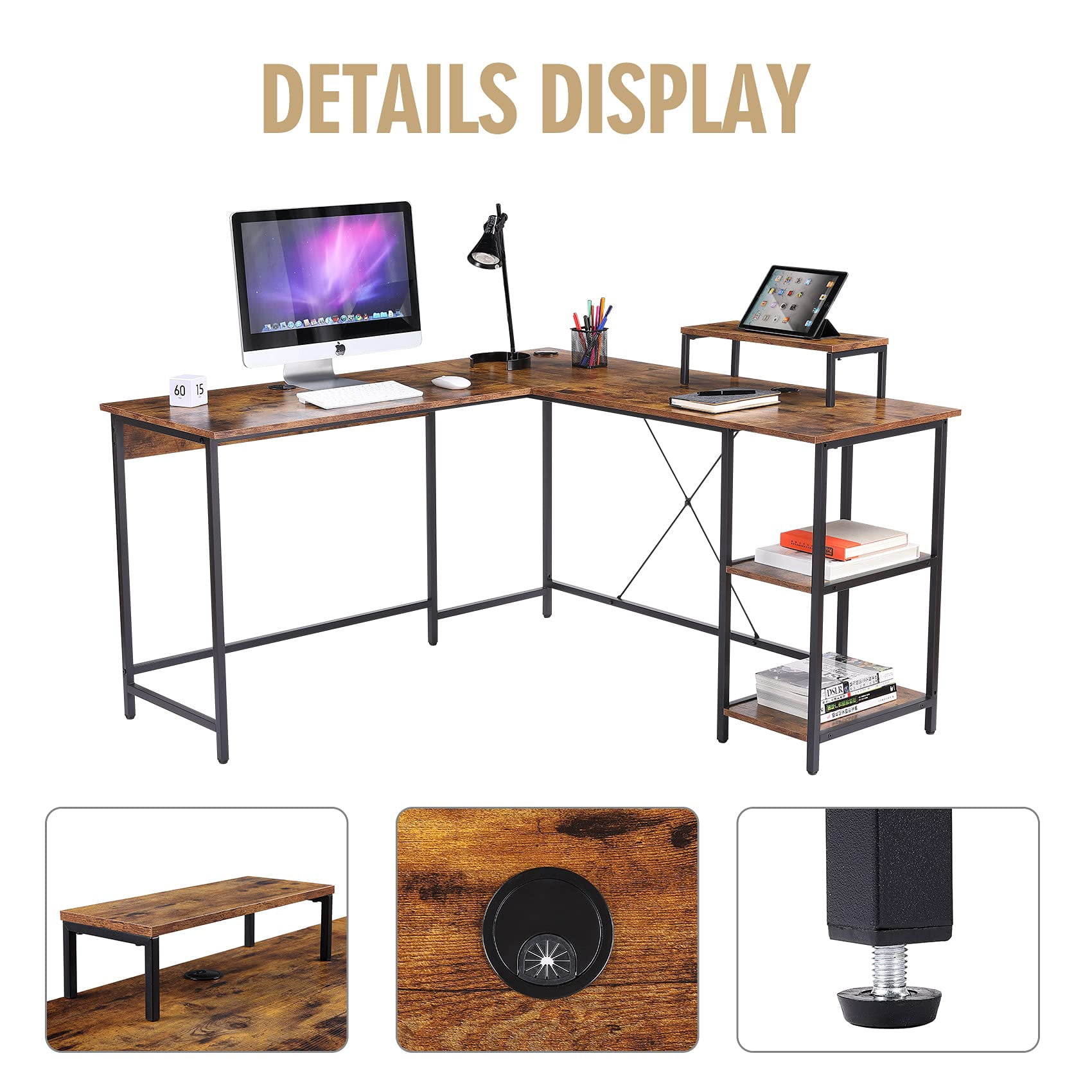 UNICOO® L Shaped Computer Desk, Modern Corner Computer Desks with CPU Stand, L Shaped Game Table with Storage Shelves, Study Writing Desk (SYK-03-L-RB) Rustic Brown