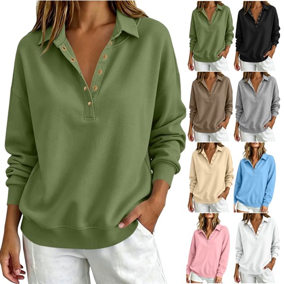 JOANKDMI Womens Collar Sweatshirt Button Down V Neck Pullover Tops Drop Shoulder Long Sleeve Loose Fit Fall Fashion Casual Lounge Wear Streetwear Outfits