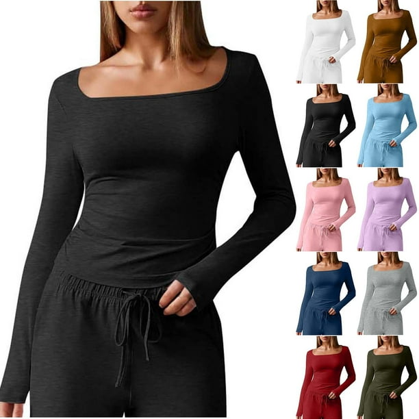 Top corto,Camiseta informal de manga larga con cuello cuadrado para mujer, jersey de poliéster, color liso, cómoda para uso diario, sopatenor