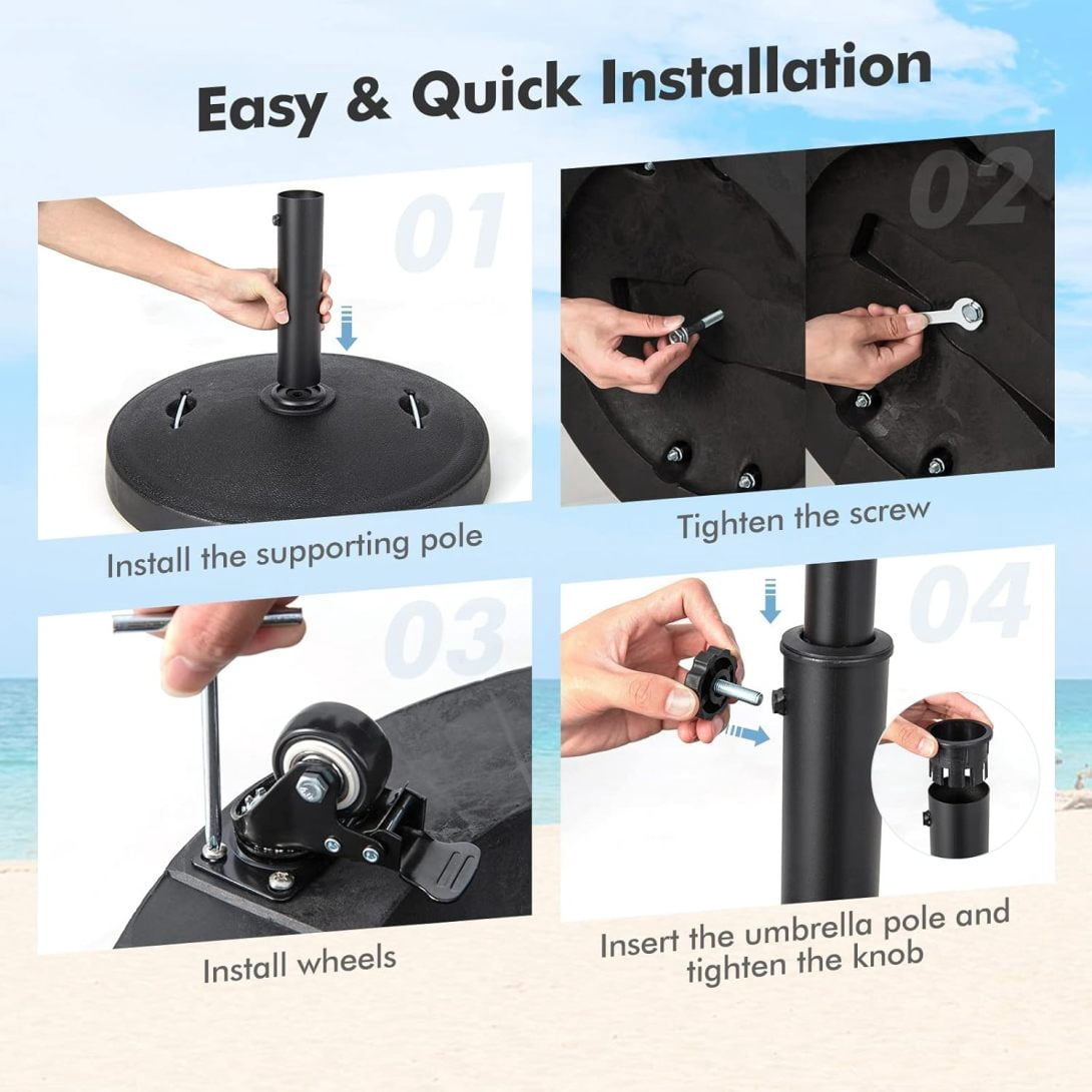 WJSP 51 lbs Patio Umbrella Base with Wheels, 20.5 Inches Heavy Duty Round Outdoor Umbrella Stand for 10 ft Table Market Offset Umbrella, Fit Umbrella Pole 1.5-1.9 inches, Weighted Umbrella Base