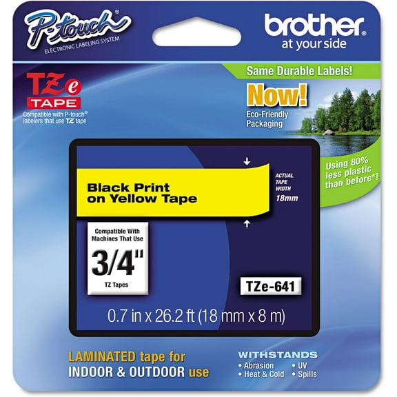 Brother Genuine P-Touch TZE-641 Tape, 3/4" (0.7") Wide Standard Laminated Tape, Black on Yellow, Laminated for Indoor or Outdoor Use, Water-Resistant, 0.7" x 26.2' (18mm x 8M), Single-Pack, TZE641