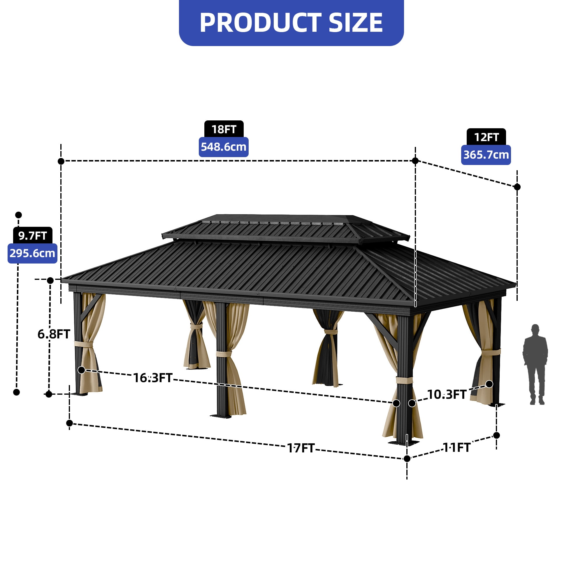 ModFusion 12 ×18 FT Gazebo Double Roof Hardtop Canopy Heavy-Duty Outdoor Pavilion with Nettings & Curtains in Brown