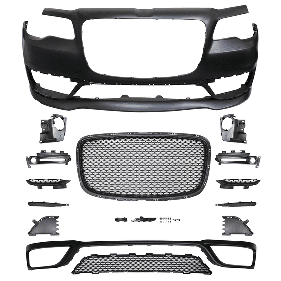 Ikon Motorsports Front Bumper Cover Conversion Added on Bodykit Replacement Compatible With 15-23 Chrysler 300 S Models Without Parking Sensors Unpainted Black, 2016 2017 2018 2019 2020 2021
