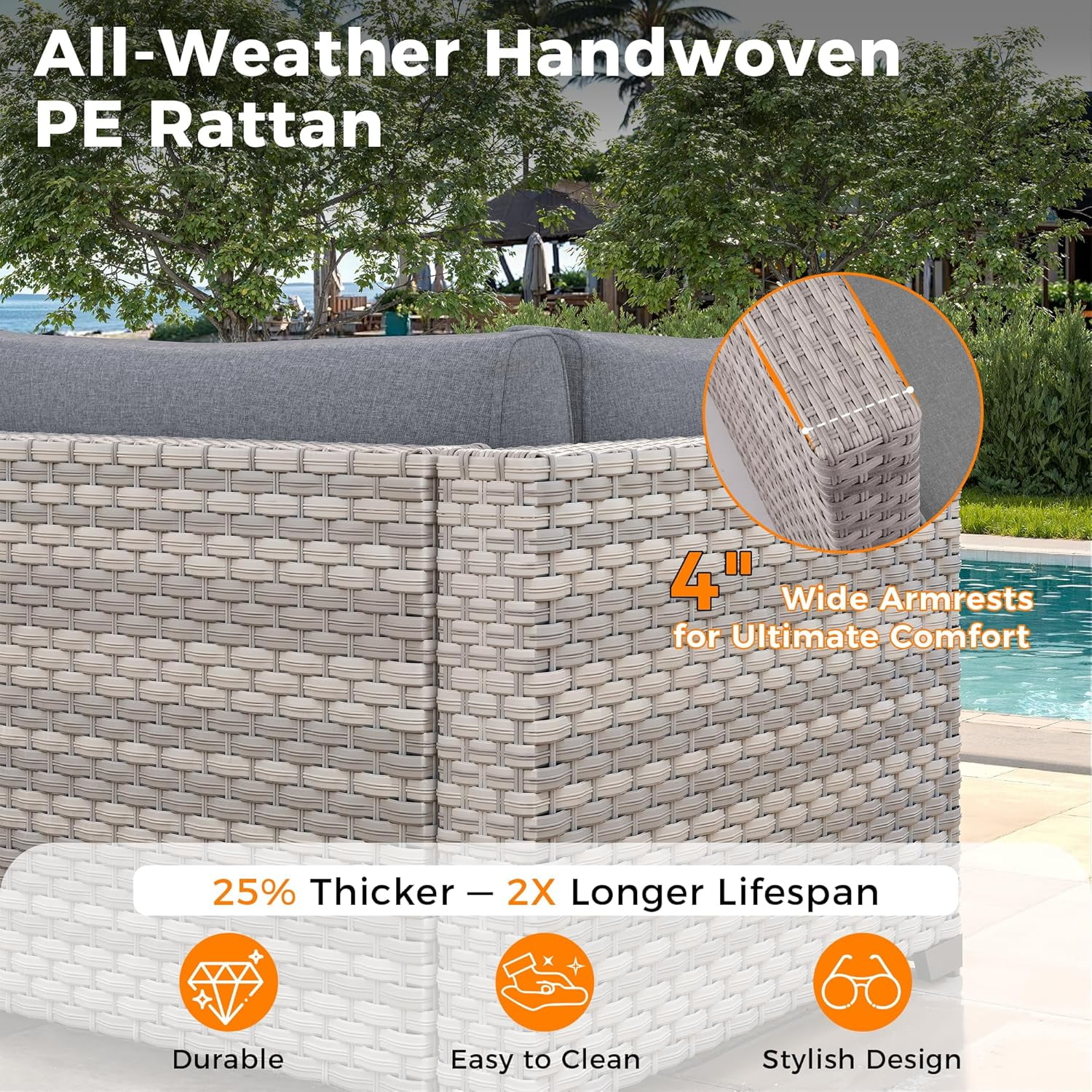14-Seat Outdoor Wicker Patio Furniture Set with Fire Pit Table, Modular Rattan Sectional Sofa & 2 Swivel Rocking Chairs, 4" Thick Cushions, Rust-Resistant Frame,Grey