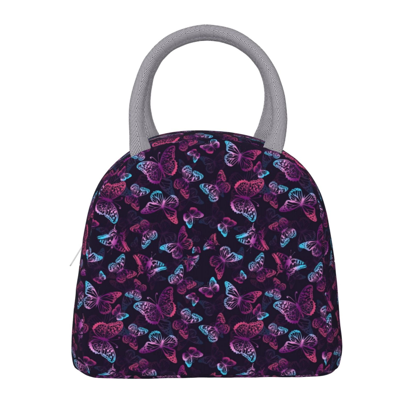 Horeoi Purple Butterfly Pattern Large Insulated Lunch Bag for Work, School, Picnic - Waterproof, Durable Oxford Cloth, Comfortable Handle-Light Grey