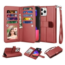 iPhone 13 Mini Case, Wallet Case for iPhone 13 Mini, iPhone 13 PU Leather Case, Njjex Luxury PU Leather [9 Card Slots Holder ] Carrying Folio Flip Cover [Detachable Magnetic Hard Case] -Wine Red