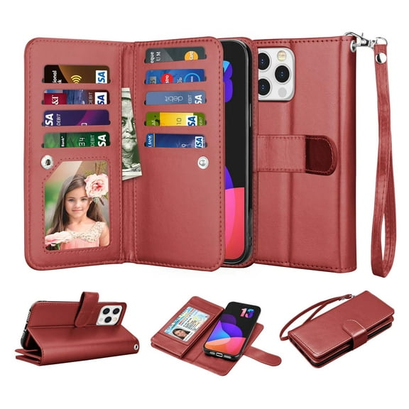 iPhone 13 Pro Case, Wallet Case for iPhone 13 Pro, iPhone 13 PU Leather Case, Njjex Luxury PU Leather [9 Card Slots Holder ] Carrying Folio Flip Cover [Detachable Magnetic Hard Case] -Wine Red
