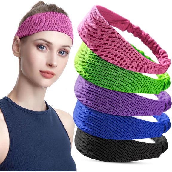 Scheam 5 Pcs Stretchy Cooling Headbands,Non-Slip Breathable Headbands, Moisture-Wicking Sports Headbands,Elastic Running Headband,for Women and Men Workout Yoga Running Biking (5 Colors)