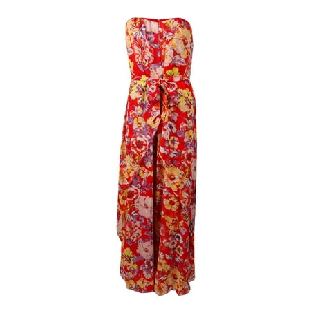 Nine West Women's Belted Floral Strapless Chiffon Dress