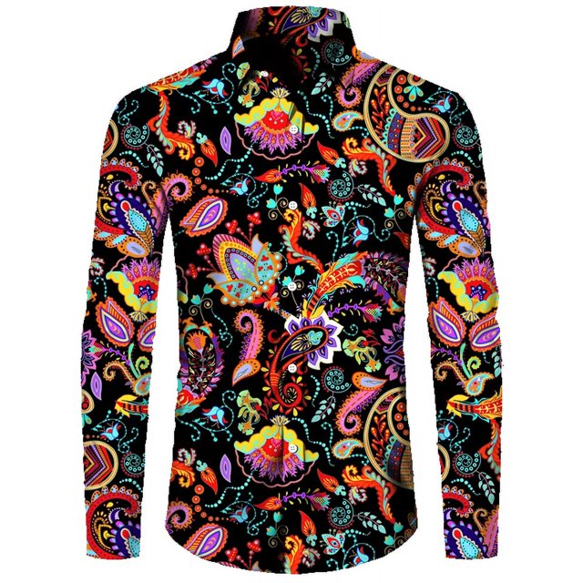 Camisa de moda para hombre, estampado 3D de flores de anacardo de cachemira, cuello vuelto, botones, manga larga, ropa de calle vintage para hombre y mujer