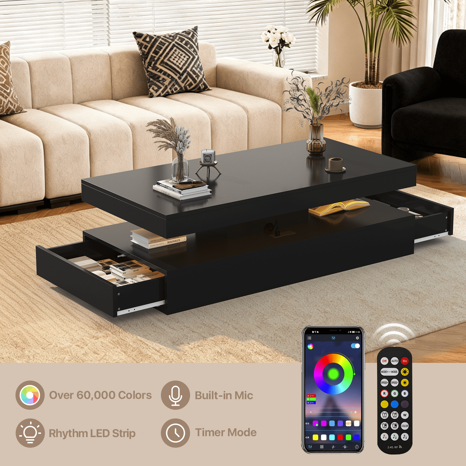 BaPiPro 47 Inch Modern LED Coffee Table with 2 Drawers, USB Charging & Smart Control, Large Center Table for Living Room, Black