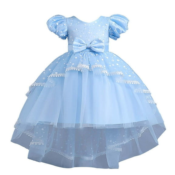 TAGOLD Children Dress Girls Sleeveless Princess Dress Bow Tie Lace Flowers Mesh Dress Tufted Dress Sky Blue 6-7 Years