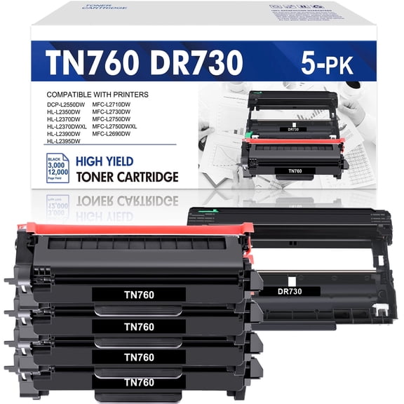 Colorich Compatible for Brother TN760 Toner Cartridge High Yield and DR730 Drum Unit Set HL-L2350DW DCP-L2550DW MFC-L2710DW MFC-L2690DW Printer (4x TN760 Toner, 1x DR730 Drum Unit )
