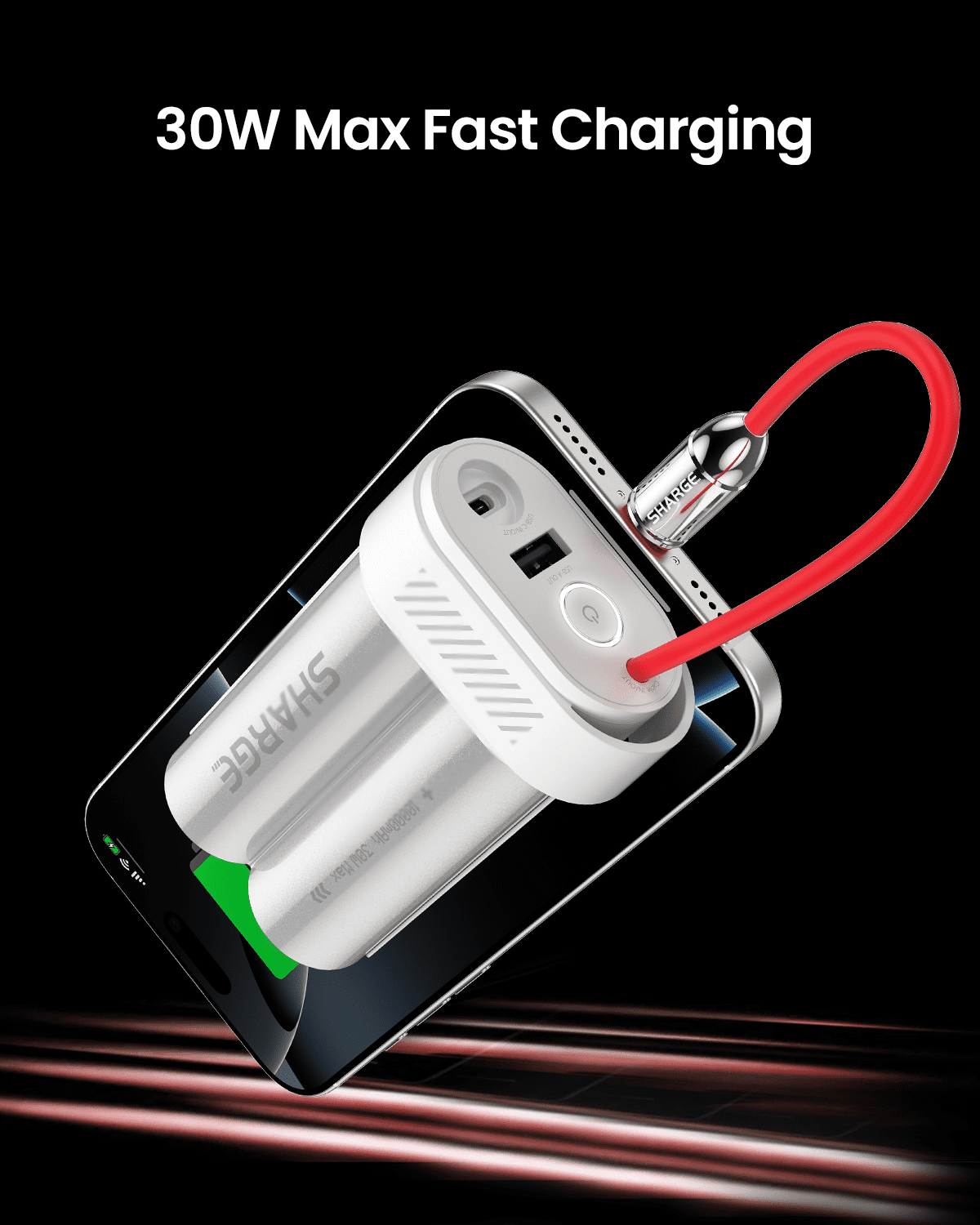 sharge Power Bank 10000mAh 30W Portable Charger with Built-in Type C Cable USB-C and USB-A Port Battery Pack for iPhone 16/15 Galaxy S24 iPad Pixel 9