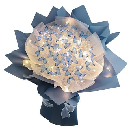 PRINxy 33” Artificial Flower Blue Butterflies Bouquet, 33 Count