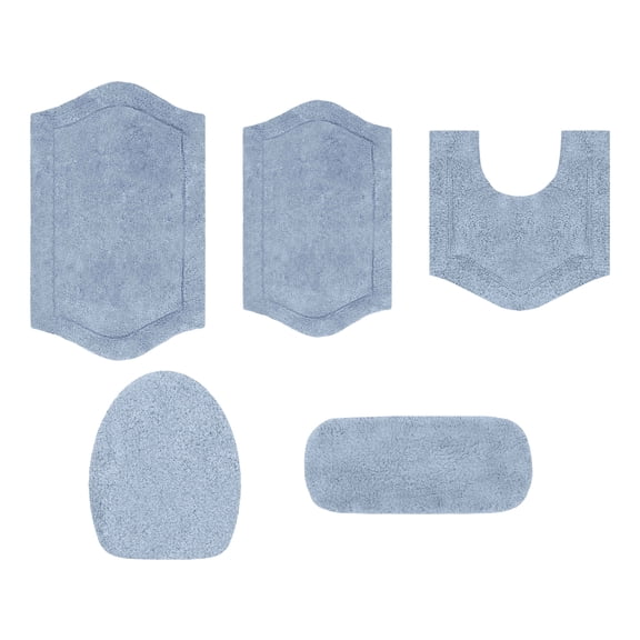 Home Weavers Waterford Collection 5-Piece 100% Cotton Non-Slip Bath Rug Set with Contour Rug, Lid Cover & Tank Cover, Machine Washable,Blue