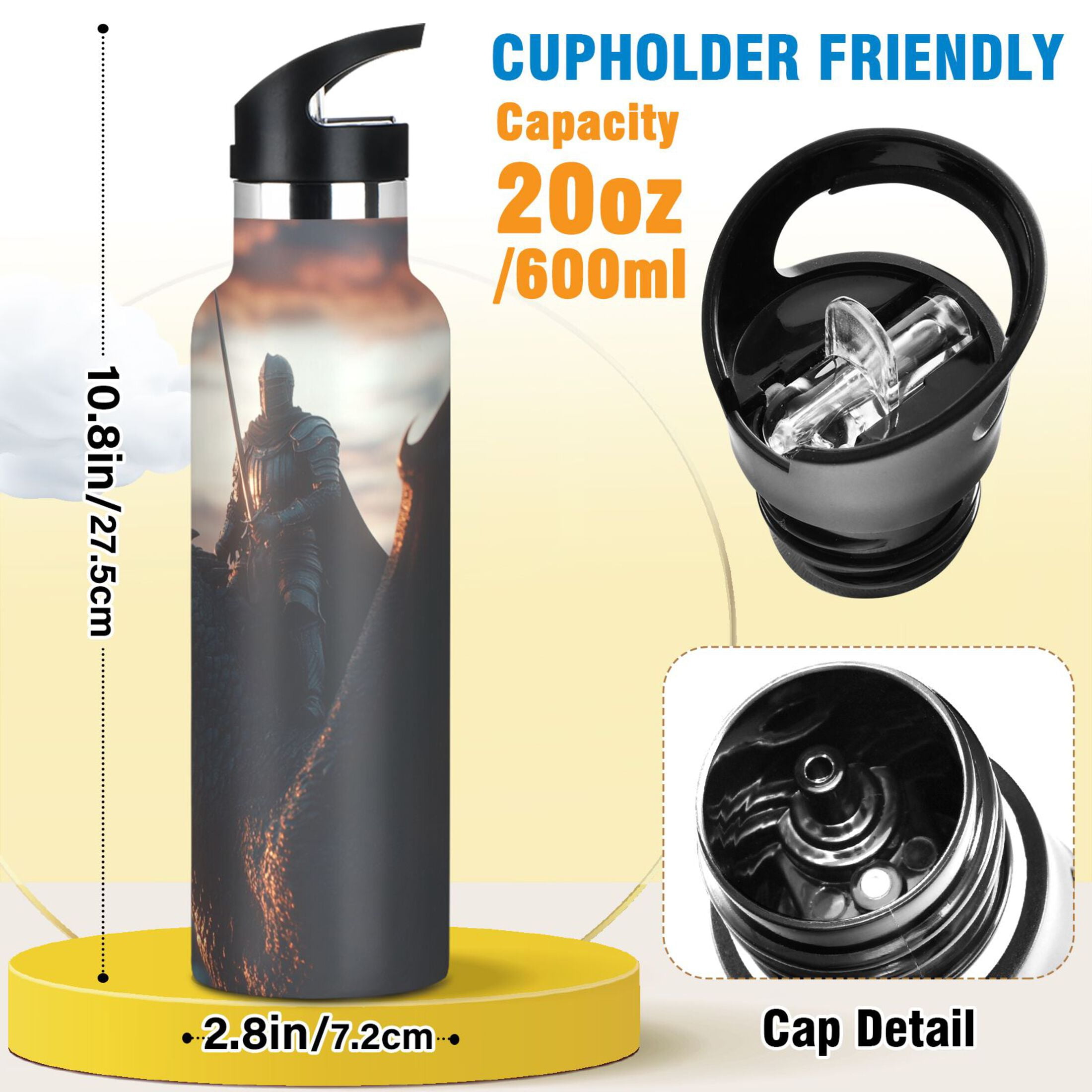 600ML Stainless Steel Insulated Cup Sports Water Bottle Portable Thermos Cup Water Glasses Insulated Tumblers Convenient and Durable Knight and Dragon