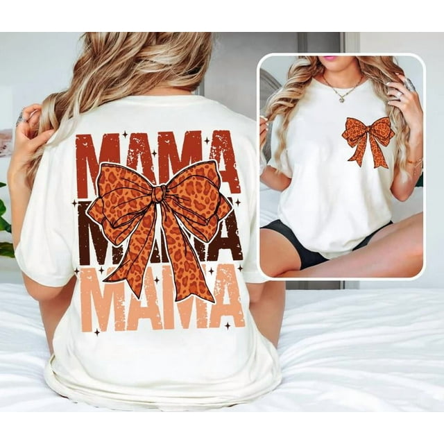 Coquette Mama Automne, Coquette Mama Automne Citrouille, T-Shirt Léopard Nœud - Blanc - P