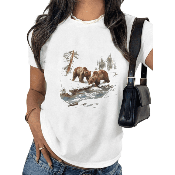 Women's Winter Bears Scene Graphic Cotton T Shirt Casual Breathable Short Sleeve Round Neck Top White S-5XL