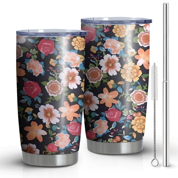 20oz Tumblers Pioneer Flower Floral Print Pattern Stainless Steel Vacuum Insulated Double Wall Travel Tumbler Cups Mug with Lid and Straw,Cleaning Brush for Cold & Hot Drinks