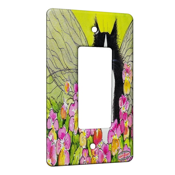 KuzmarK™ 1 Gang Rocker Wall Plate - Tuxedo Maine Coon Kitty Fairy with Pansies Cat Art by Denise Every