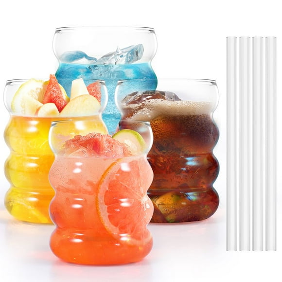 HLONK 4Pcs Bubble Drinking Glasses 4Pcs Straws 10oz Ribbed Drinking Glass Cups Temperature Resistant Bubble Glass Tumblers Wide Opening Ribbed Glassware Vintage Glass Cup Cocktail Soda Ju
