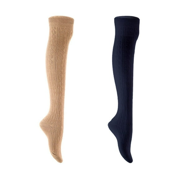 Lian LifeStyle Women's 2 Pair Adorable Comfortable Soft Thigh High Over Knee High Cotton Socks Size 6-9 L1024 Beige,Navy