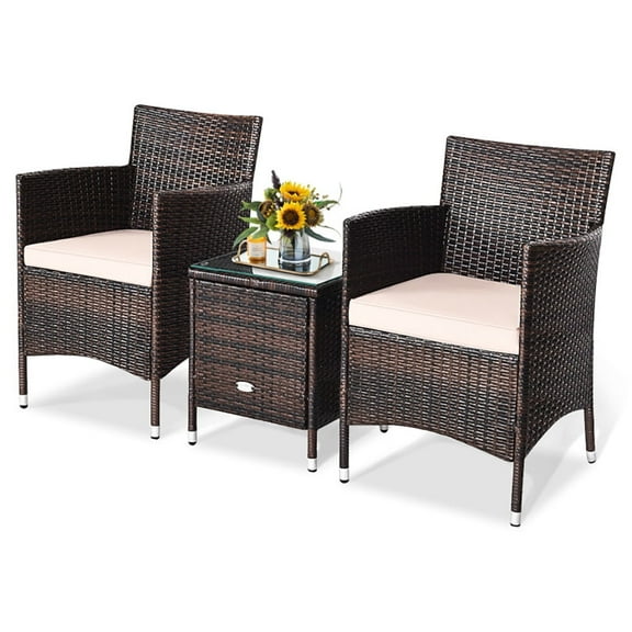 Resenkos 3 Piece Patio Conversation Set Outdoor Rattan Wicker Furniture Set with Coffee Table & Chairs Patio Bistro with Seat Cushions for Garden Balcony Backyard Poolside