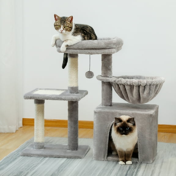 Pefilos 28" Wooden Cat Tree Tower for Indoor Cats, Cat Condo for with Spacious Perch, Fully Wrapped Scratching Sisal Posts, Gray