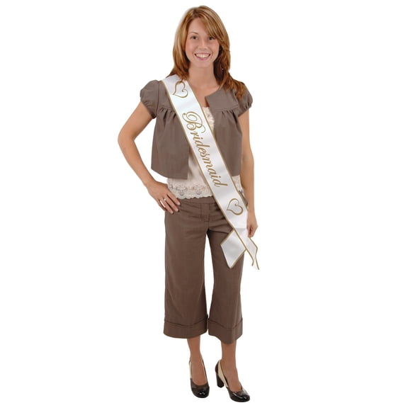 Beistle Club Pack of 6 White and Gold Bridesmaid Satin Sash 33"