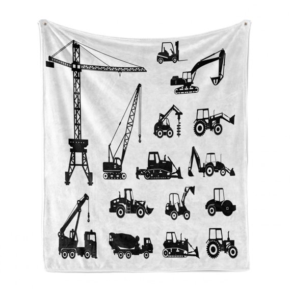 Construction Soft Flannel Fleece Throw Blanket, Black Silhouettes Concrete Mixer Machines Industrial Set Trucks Tractors, Cozy Plush for Indoor and Outdoor Use, 70" x 90", Black White, by Ambesonne
