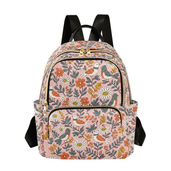 FORMRS Mini Backpack Purse for Women Quilted Travel Daypack Casual Shoulder Bag, Pink Floral Birds Pattern