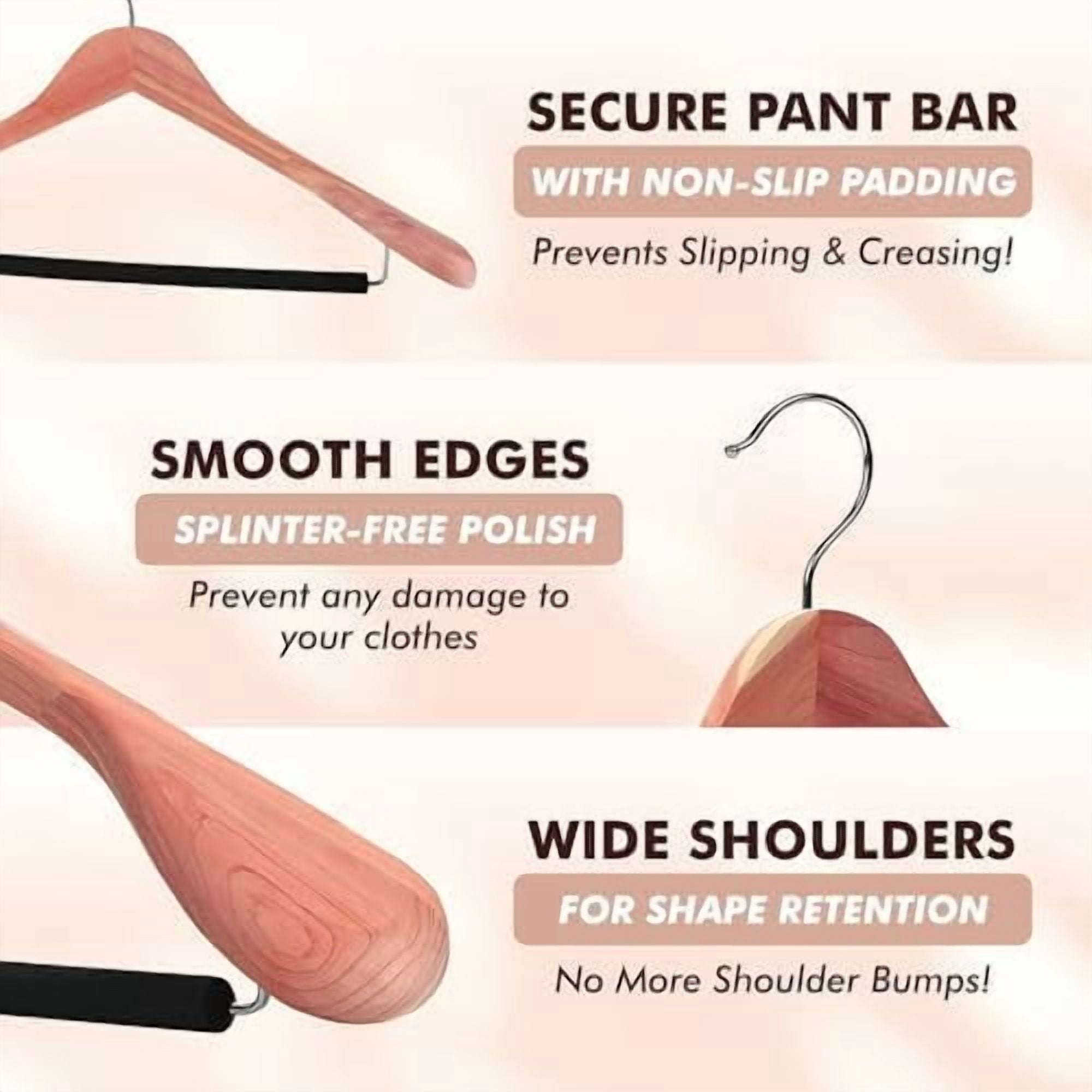 Cedar Hangers for Closet - 5 Pack Extra Wide Wooden Hangers for Suits, Coat, Dress, Jacket, Clothes Storage - Non Slip Foam Padded Pant Bar with 360° Swivel Hook, Aromatic American Cedar Wood