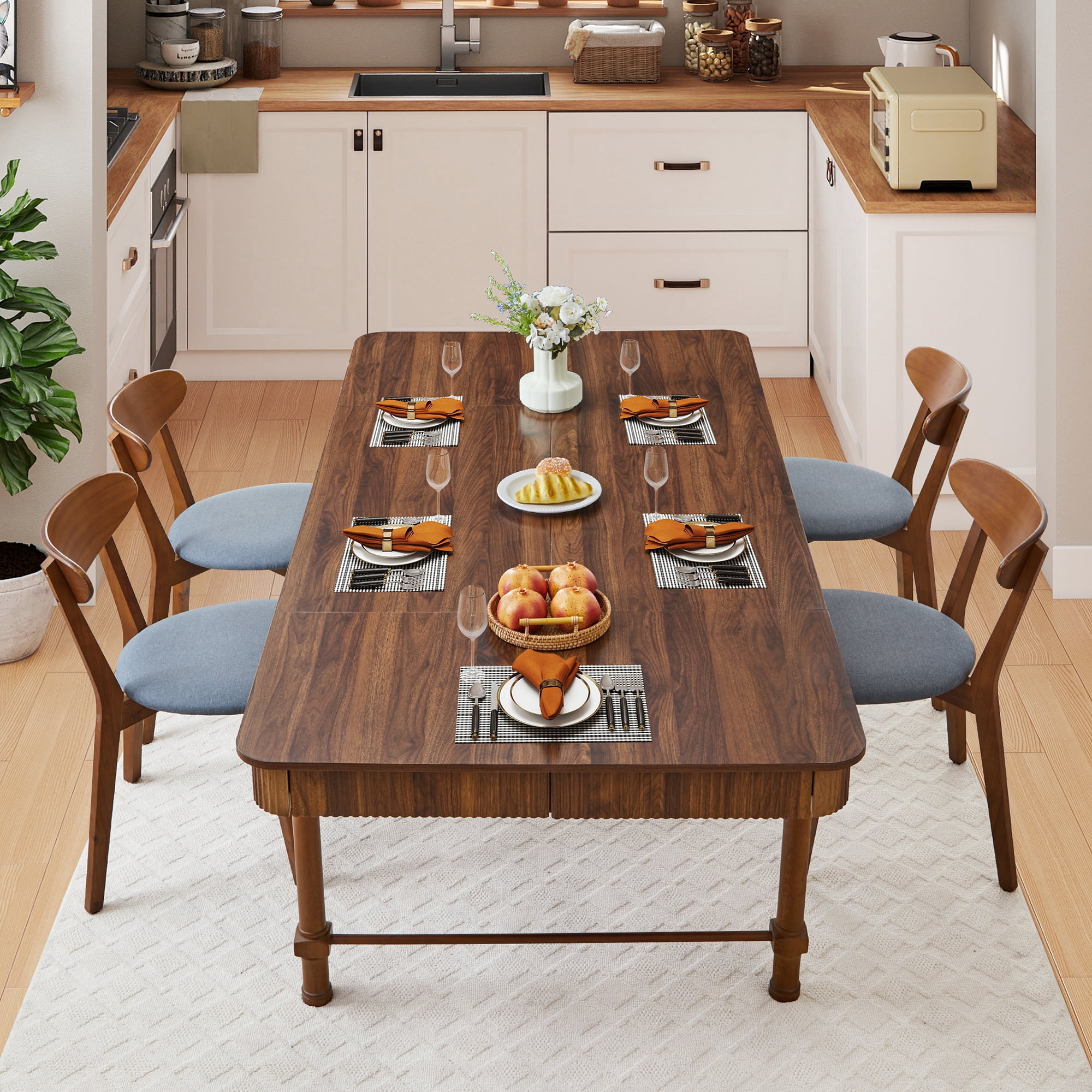 Weselon 78.74" Square Dining Table with 4 Drawers, Wood Fluted Dining Table with Storage Drawers, Seats up to 6,Large Kitchen Table for Casual Meals and Special,Dining Room, Brown