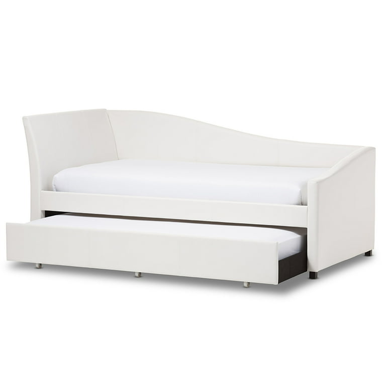 Baxton Studio Vera Modern and Contemporary White Faux Leather Upholstered Curved Sofa Twin Daybed with Roll-Out Trundle Guest Bed Baxton Studio Vera Modern and Contemporary White Faux Leather Upholstered Curved Sofa Twin Daybed with Roll-Out Trundle Guest Bed