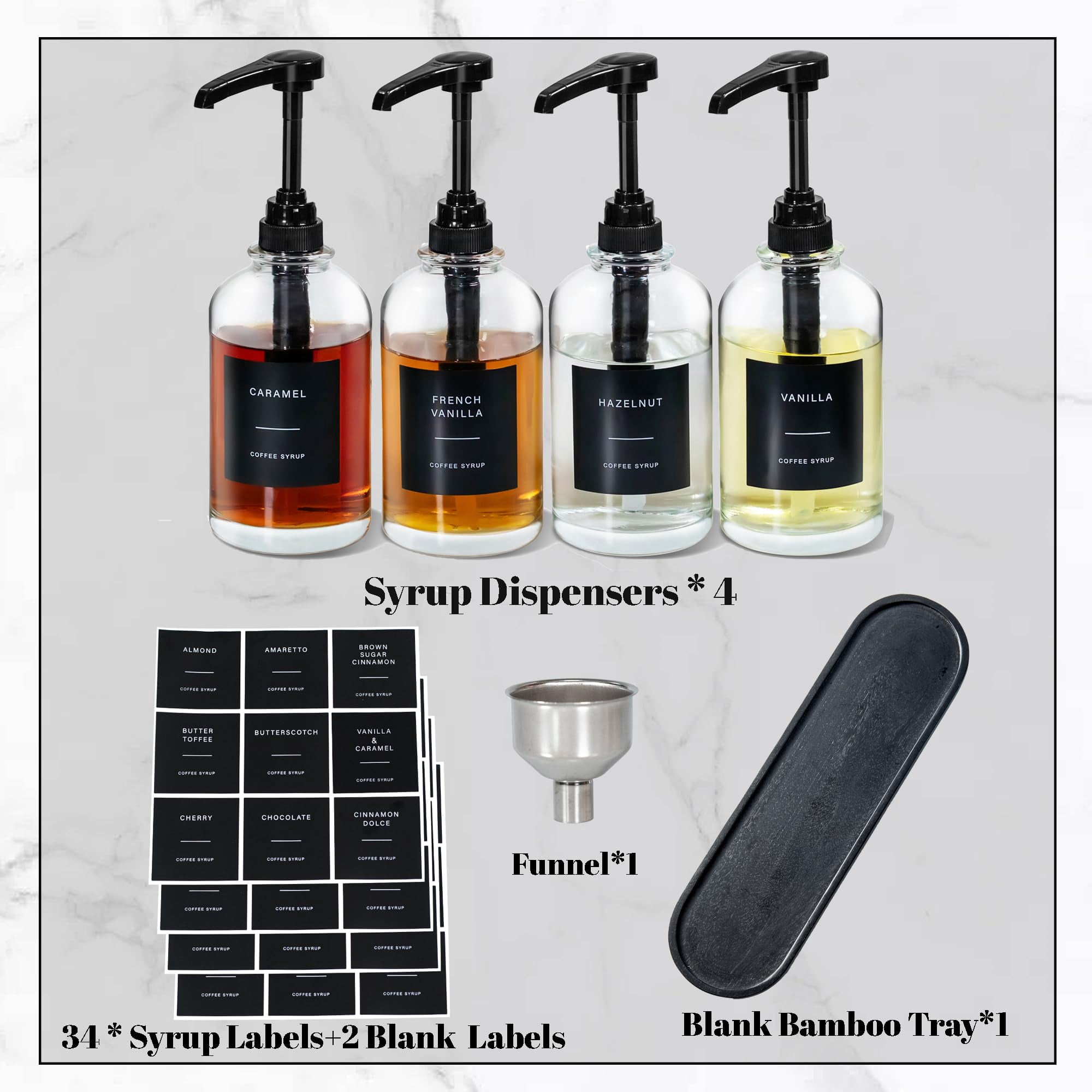 Coffee Syrup Dispenser For Bar  Glass Bottle With 1/4 Oz Large Capacity Pump Station Black Tray 16.9oz Set Of 4
