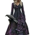 thumbnail image 3 of Women's Loose-Fit V-Neck Long Sleeve Gothic Floral Dresses 2025 Halloween Purple Rose Print Dress, 3 of 3