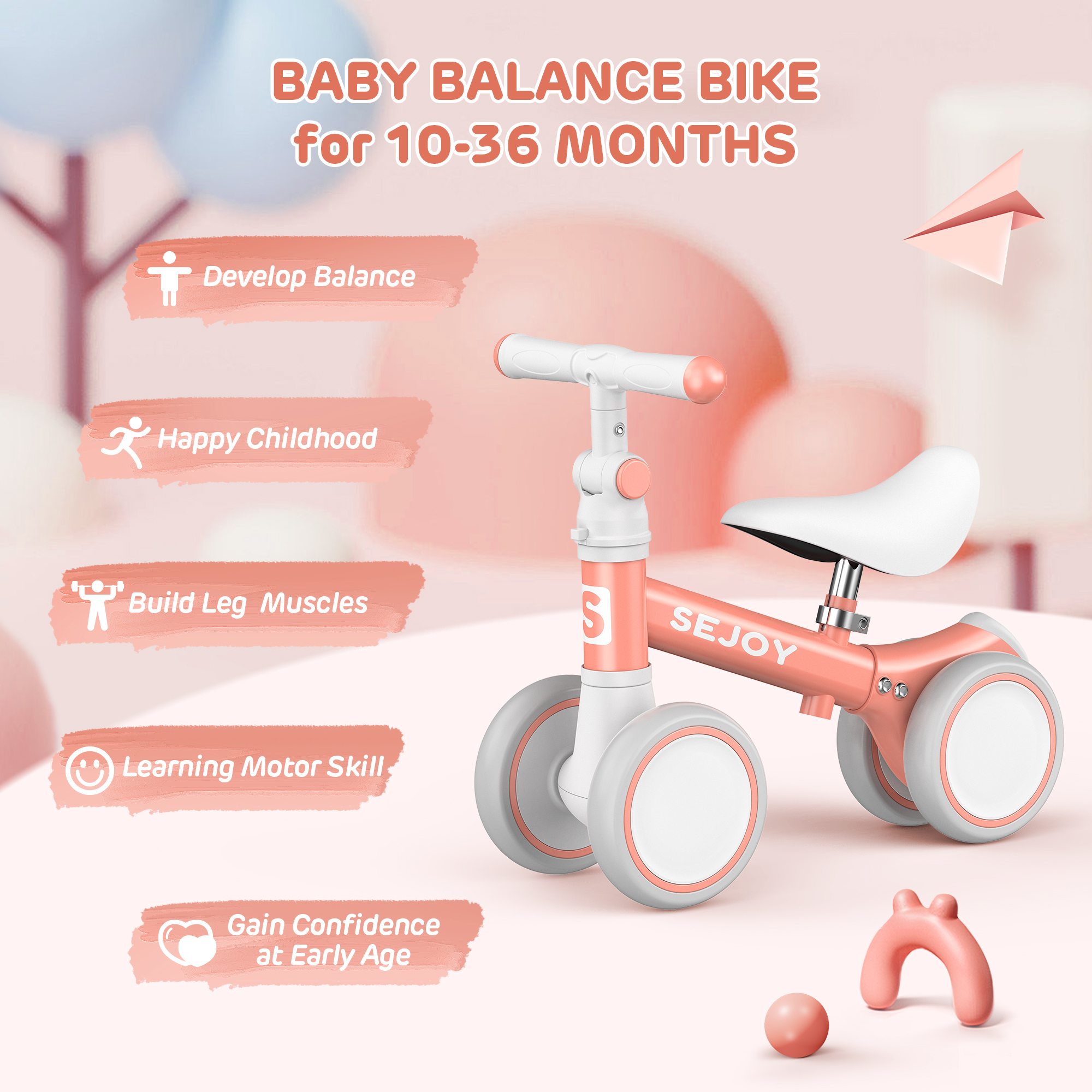 Sejoy Baby Balance Bike, Toddler Baby Bicycle with 4 Wheels for 10-36 Months, Adjustable Handlebar Baby Outdoor Bike Riding Toy, First B-day Gift - image 2 of 9